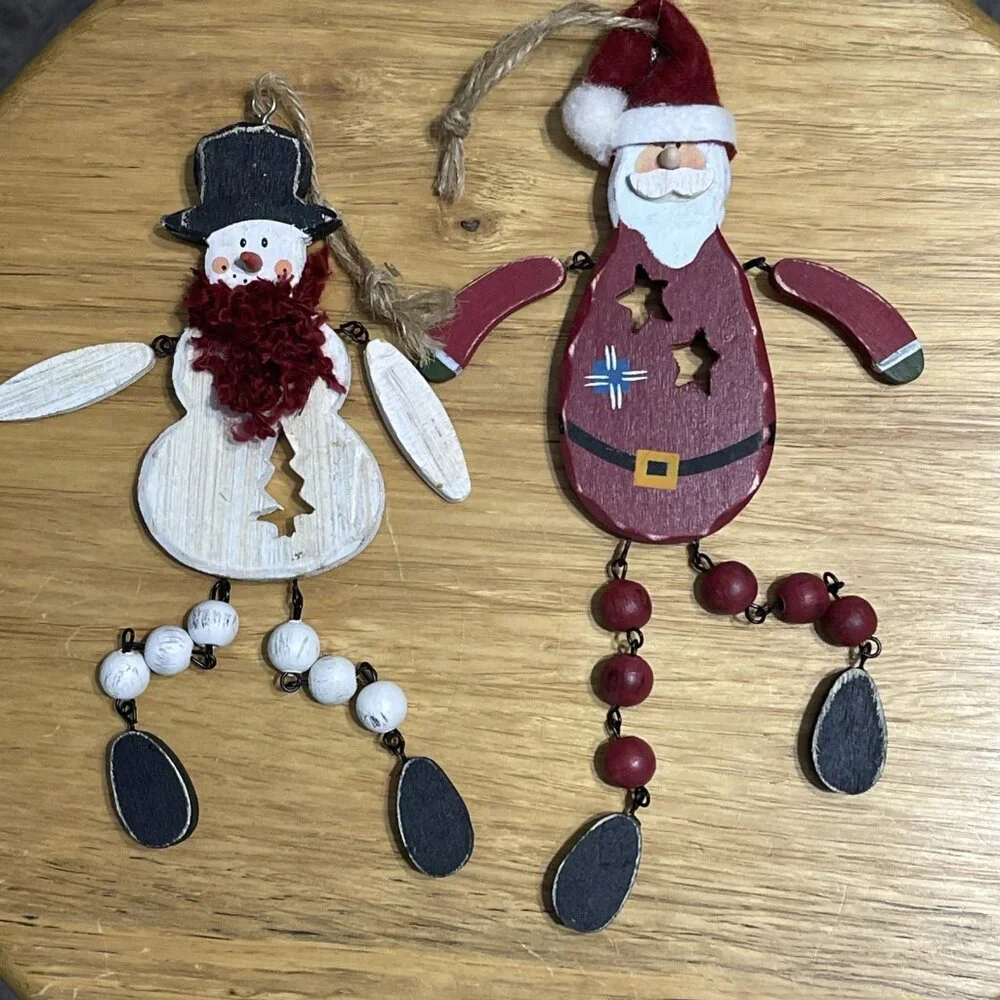 Christmas Ornament‎ Santa with Hat And Snowman Beaded Legs Set Of 2 Wooden
